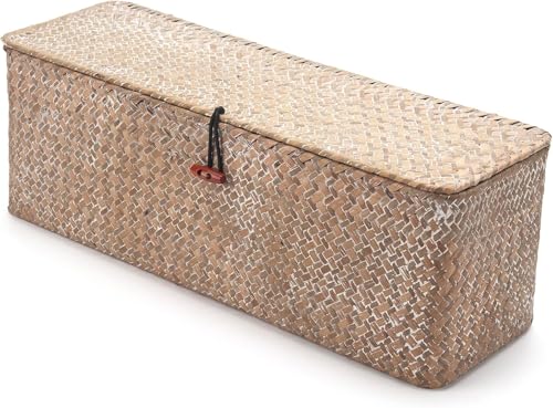 Seagrass Storage Basket for Bathroom - Wicker Toilet Tank Basket with Lid - Woven Storage Box for Organizing (Whitewash, 16.5" x 5.5" x 5.5") - color: Whitewash, size: 16.5" x 5.5" x 5.5"