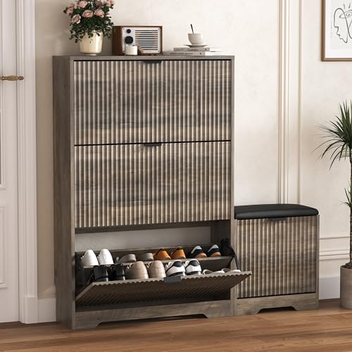 HUANLEGO Shoe Cabinet Storage for Entryway with 4 Flip Drawers, Grey Fluted Shoe Cabinet with Bench, Wooden Hidden Shoe Rack Freestanding Narrow Slim Shoes Storage Organizer for Hallway, Entrance - color: Grey, size: 4 Drawer with Bench