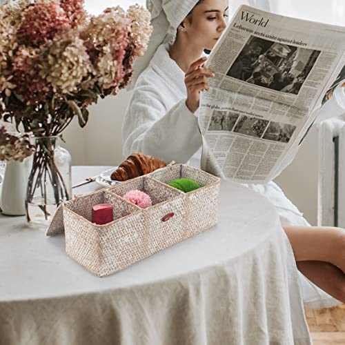 Seagrass Storage Basket with Lid Rectangular Small Woven Shelf Baskets with Sections for Organize Snack Toys Whitewash - color: Whitewash 3 Sections