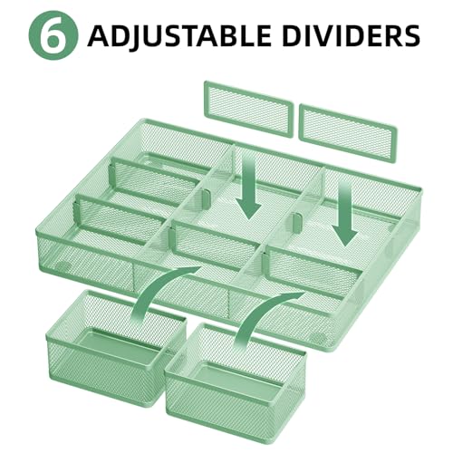 Marbrasse 3 Packs Desk Drawer Organizers, Metal Mesh Dividers with 9 Adjustable Compartments, Pen Organizer for Drawer Tray Box Accessories for Desktop,Kitchen, Makeup(Green) - color: Green