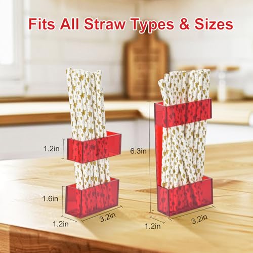 2 PACK Acrylic Straw Holder for Cabinet Doors, Reusable Straw Organizer with Ultra-Sticky Adhesive, Small Kitchen Accessories Container, Fits Both Short & Long Straws (Red) - color: Red