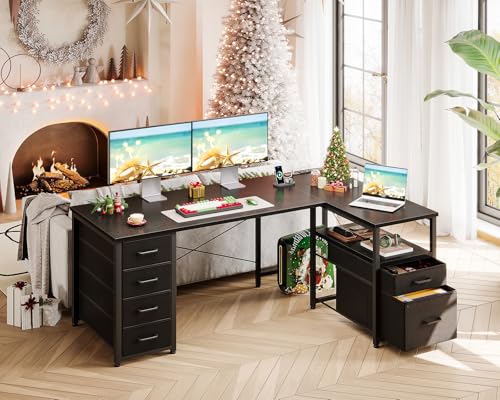 Coleshome L Shaped Computer Desk with 6 Drawers & Power Outlet, 55 Inch Corner Desk with Reversible Storage Shelf & File Drawer, Home Office Desk, Black - color: Black, size: 55 Inch