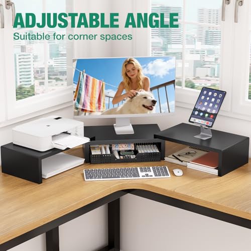 OPNICE Dual Computer Monitor Stand Riser, Desk Organizer with Drawer, Office Desk Accessories & Workspace Organizers for Home Office Supplies, Black - color: Black