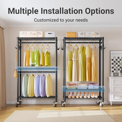 VIPEK R2 Mini Rolling Clothes Rack Heavy Duty Clothing Rack for Hanging Clothes Adjustable Portable Closet Metal Clothes Racks with Wheels Double Rods Side Hooks, Freestanding Garment Rack, Black - color: Black, size: R2 Mini