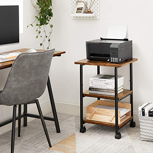 VASAGLE Printer Stand with Locking Wheels, Industrial Mobile Cart, Under Desk Printer Table for Home Office, 19.1 x 15.9 x 30.1 Inches, Storage Shelf, 3-Tier, Rustic Brown and Ink Black - color: Rustic Brown + Ink Black, size: 3 Tiers/Compact