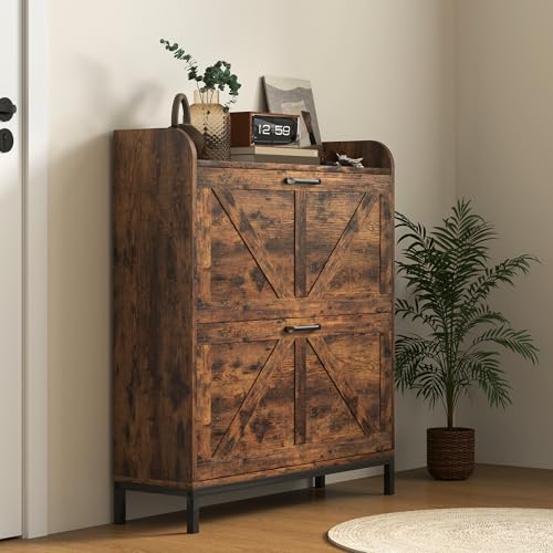 HOMCOM Shoe Storage Cabinet with 2 Flip Drawers, Legs, Farmhouse Freestanding Narrow Shoe Cabinet, Slim Hidden Rack Organizer for Entryway, Hallway, Rustic Brown Wood Grain - color: Rustic Brown