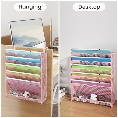Pink Desk Organizer, Hanging Wall File Organizer with 6 Tiers, Metal Mesh Magazine & Mail Holder for Office Desk, Wall Mount Document Organizer for Home Decor - color: Pink-1pack