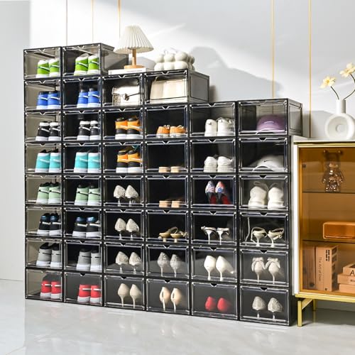 Large Shoe Boxes Clear Plastic Stackable，Drop Front Shoe Box with Clear Door, Shoe Containers For Sneaker Display,Fit up to US Size12 - color: black clear, size: 12 pack