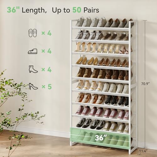 Nunsino Shoe Rack,10 Tier Metal Shoe Organizer,Max Holds 50 Pairs,Heavy Duty Shoes Shelf for Garage, Entryway, Closet,White - color: White, size: 10 Tier