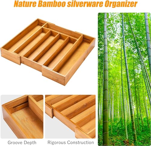 Kitchen Silverware Drawer Organizer and Storage Flatware Cutlery Utensil Holder Spice Rack Containers Bathroom Counter Cabinet Office Desk Makeup Drawer Tray Kitchen and Dining Tools Decor Accessories - color: Nature, size: 7 Slots Expandable-2PC