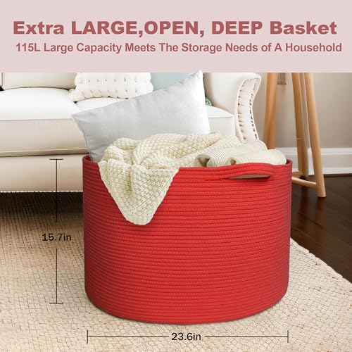 MEGASKET 115L Extra Large Red Basket for Organizing, 23.6"x15.7" Jumbo Woven Cotton Rope Bins for Blankets, Baby Nursery Laundry Basket, Kids Dog Toy Storage Box, Huge Red Living Room Decor Organizer - color: Red, size: 23.6"x23.6"x15.7"