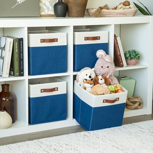 OrganiHaus 11" x 11" x 11" Fabric Cubes Storage Bins Set of 4, Foldable Collapsible Canvas Storage Bins for Organizer, Toy Organizer for Kallax, 11 Inch Linen Cube Shelf Baskets - Navy Blue - color: Navy Blue Base / Off-White, size: (11x11) Leather Handle