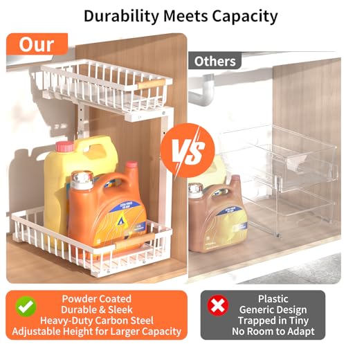 Under Sink Organizer, 2 Pack Under Sink Organizers and Storage, 2-Tier Pull Out Under Cabinet Organizer Storage Shelf, Metal Frame, Height Adjustable Rack for Bathroom Kitchen Pantry - style: White, 2-Pack