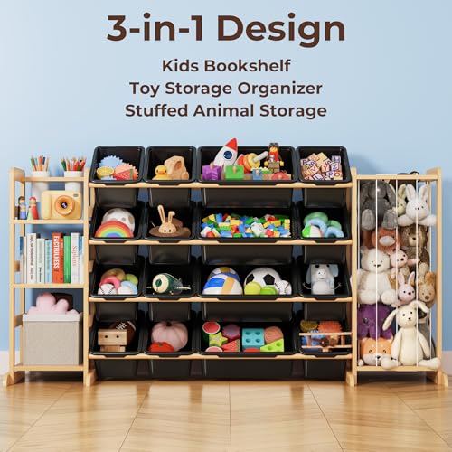 Toy Storage Organizer with Bookshelf and Stuffed Animal Storage - Kids Playroom Organization with Shelves and 16 Toy Bins - Toddler Living Room Toy Box for Lego - Nursery Bedroom Decor Essentials - color: Black, size: 67"W,3 Shelves,16 Bins