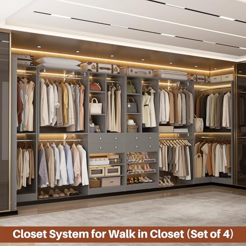 Besiost Closet System with 4 Drawers & Corner Tower, Closet Organizer System with 10 Hanging Robs, Reversible U Shaped Walk-in Closet System, Load 3600+LBS Capacity, Set of 4, Morandi Grey - color: Morandi Grey, size: 181" * 31.5"