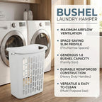 Bushel Laundry Hamper, Slim Rectangular Ventilated Plastic Clothes Basket, Heavy Duty Washing Bin With Reinforced Handles for Bathroom, Dorm, and Closet Organization, White, 1 Pack