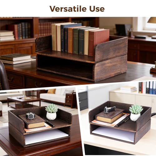 2 Pcs Stackable Desk Tray, Wood Document Organizer, Retro Brown Desktop Accessories with Open Front Design, Wooden Folder Organization Rack Desk Tray for Office, Home, 12.4 x 9.4 x 3.5 in