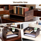 2 Pcs Stackable Desk Tray, Wood Document Organizer, Retro Brown Desktop Accessories with Open Front Design, Wooden Folder Organization Rack Desk Tray for Office, Home, 12.4 x 9.4 x 3.5 in
