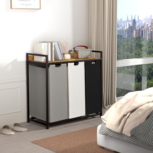 Herture Laundry Hampers with Shelf, Laundry Basket 3 Section, Laundry Sorter with Pull-Out Removable Large 3 Color Bags and Movable Wheels, Metal Frame, 3 x 15.87 Gallons (60L), Rustic Brown PF04XLN - color: Rustic Brown + 3-Color, size: 3 Bags-180 L