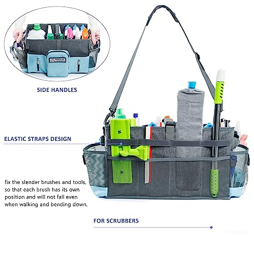 Large Cleaning Supplies Organizer-Cleaning Caddy Organizer With Handles & Shoulder Strap-Cleaning Bags for Cleaning Suppliers-Housekeepers Wearable Cleaning Tote Upgraded - color: Grey-Blue