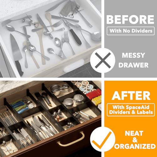 SpaceAid Bamboo Drawer Dividers with Inserts and Labels, Kitchen Adjustable Drawer Organizers, Expandable Organization for Home, Office, Dressers, 10 Dividers with 24 Inserts (17"-22" Black) - color: BLACK, size: 2.35''H, 17''-22''L, 10 Dividers