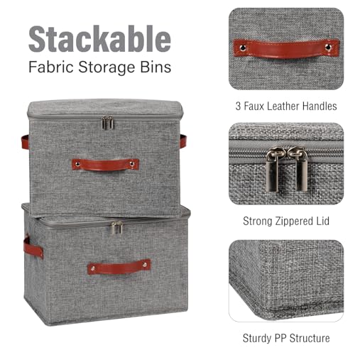 Storage Bin Box with Zippered Lid Cotton Linen Fabric Decorative Basket with PU Leather Handles PP Plastic Board Foldable Lidded Clothing Shelf Closet Organizer Container (Gray, Large) - color: Gray, size: Large ( Pack of 1 )