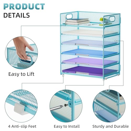 Marbrasse 6 Tier Paper Organizer Letter Tray - Mesh Desk File Organizer with Handle, Paper Sorter for Letter/A4 Office File Folder Holder -Blue - color: 6 Tier - Blue