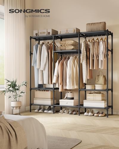 SONGMICS Clothes Rack,72 Inch Large Capacity Portable Closet, Heavy Duty Wardrobe Closet Organizer with Hanging Rails and Shelves, Total Load 330 lb, Easy Assembly, for Bedroom, Black URDR211B01 - size: 72"L x 17.7"W x 74.8"H