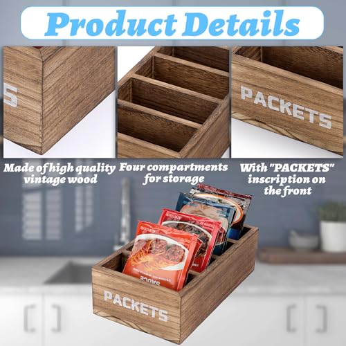 BSTKEY Seasoning Packet Organizer, Food Packet Storage Organizer with 4 Compartments, Wooden Storage Caddy for Kitchen Pantry Cabinet, Farmhouse Kitchen Organization Bin for Snacks Spice Packets - color: Vintage Wood