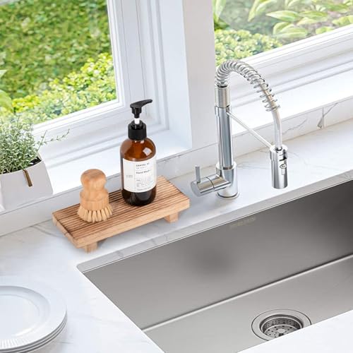 Bathroom Tray Farmhouse Decor Pedestal Stand Wood Riser Display Kitchen Accessories Soap Holder for Sink, Counter, Vanity, 8.7 * 3.6 Brown - color: Brown, size: 8.7" x 3.6" x 1.6"