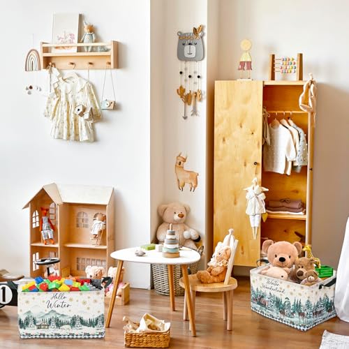Geelin 3 Pcs Christmas Winter Baskets Wonderland Storage Basket for Gifts Collapsible Waterproof Canvas Xmas Reindeer Storage Bin Organizer with Handles for Book Closet Shelf Nursery Decor - style: Christmas Winter