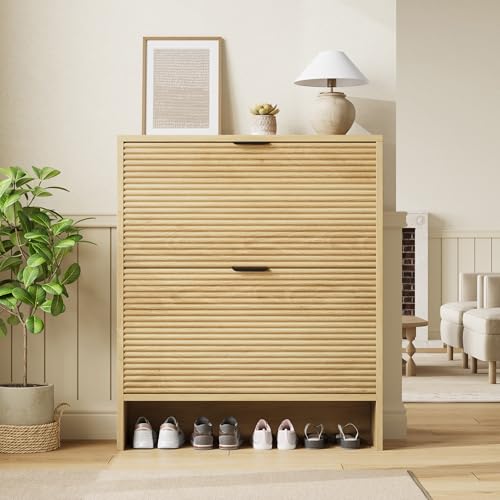 Garvee Shoe Storage Cabinet for Entryway, Fluted Shoe Cabinet with 2 Flip Drawers Doors, 32" Wide Hidden Shoe Rack Tall Freestanding Shoe Organizer for Entrance, Hallway, Living Room, Natural - color: Natural, size: 2 Drawers