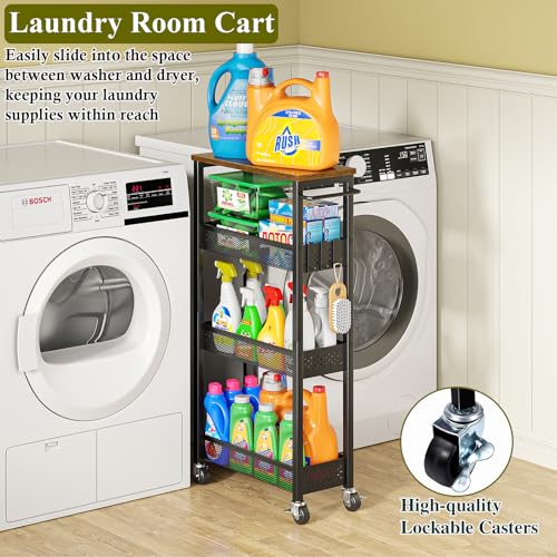 OKZEST Utility Slim Storage Cart, 4 Tier Small Rolling Kitchen Laundry Room Cart with Wood Top, Metal Narrow Bathroom Storage Cabinet Mobile Shelf Unit Organizer Trolley with Handle for Narrow Space - color: Black, size: 7.1 inch wide
