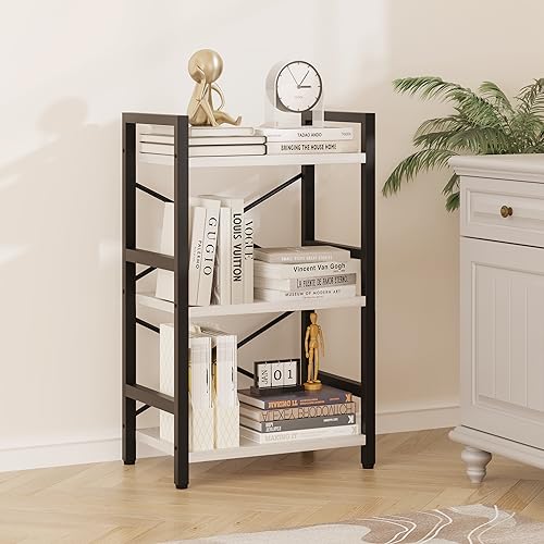 Homeiju Bookshelf, 3 Tier Industrial Bookcase, Metal Small Bookcase, Rustic Etagere Book Shelf Storage Organizer for Living Room, Bedroom, and Home Office(White) Patent Pending D29873033 - color: White, size: 3 Tier