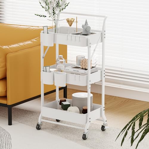 3-Tier Folding Rolling Utility Cart with Wheels, Foldable Storage Cart Organizer with 3 Hanging Cups & 6 Hooks for Kitchen, Office, Living Room, Nursery(White) - color: White