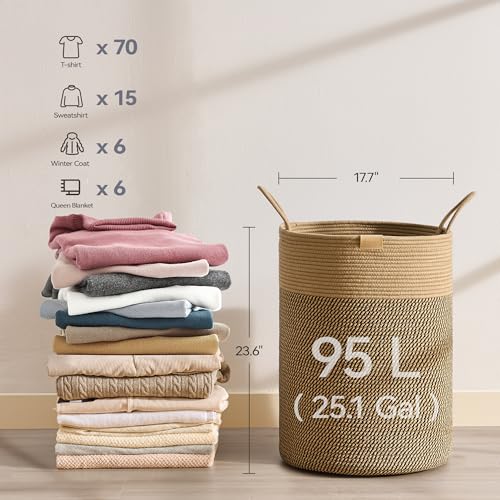 Nunsino Laundry Hamper 95L,Large Laundry Basket for Clothes,Decorative Storage Basket for Blankets,Cotton Rope Woven basket for bedroom,Dark Brown - color: Dark&Brown, size: 95L/25.1Gal