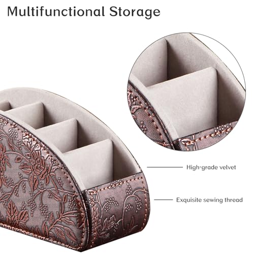 TV Remote Control Holder with 5 Compartments,Pu Leather Remote Caddy/Box/Tray Nightstand Desktop Storage Organizer Store DVD,Blu-Ray,Media Player,Heater Controllers, Makeup Office Supplies - color: Antique Flower, size: Large