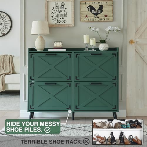 Barnyatoh Shoe Storage Cabinet,Farmhouse Shoe Organizer with 4 Flip Drawers & Barn Door Design,Freestanding Hidden Slim Narrow Shoe Rack Cabinet for Entryway,Foyer,Hallway,Green - color: Green, size: 4-Drawers