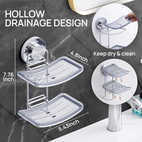 LEVERLOC Soap Dish Holder Suction Cup for Shower Wall Double Layer Drill-Free Waterproof Wall Mount Strong Suction Removable Bar Soap Sponge Holder for Bathroom Bathtub Kitchen, Chromed - style: 2 tiers Chrome