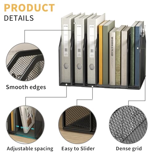 FANXIYQ Metal 7-Section File Folder Organizer for Desk | Vertical Office File Holder | Heavy-Duty Mesh Document Sorter for Books, Binders, Laptops | Black Desk Organizer (12.8”x8.5”x7.9”) - color: Black, size: 7 Section