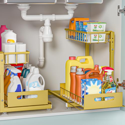 L-Shaped Under Sink Organizer, 2 Pack 2-Tier Pull Out Metal Kitchen Cabinet Organizer with Sliding Storage Drawer, Height Adjustable Heavy Duty Under Bathroom Sink Storage for Cleaning Supplies - color: Gold V2.0, size: 2 Pack