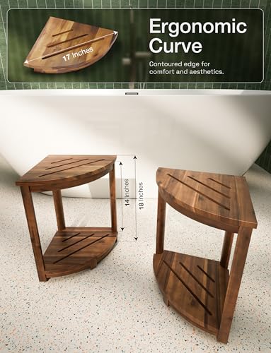 HOLANA 18" Acacia Wood Corner Shower Bench, Corner Shower Stool, Bath Stool with Lower Shelf - Wooden Shower Stool for Inside Shower - Shower Foot Rest (Walnut Color) - color: Walnut