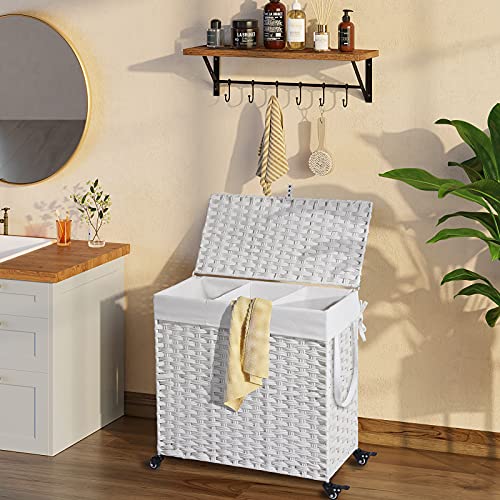 Greenstell Laundry Hamper with Wheels&Lid,130L Large 3 Sections Clothes Hamper with 2 Types Removable Liner Bags, 5 Mesh Laundry Bags, Handwoven Divided Laundry Basket White - color: White, size: 130L: 25.6x13.0x25.7 Inches