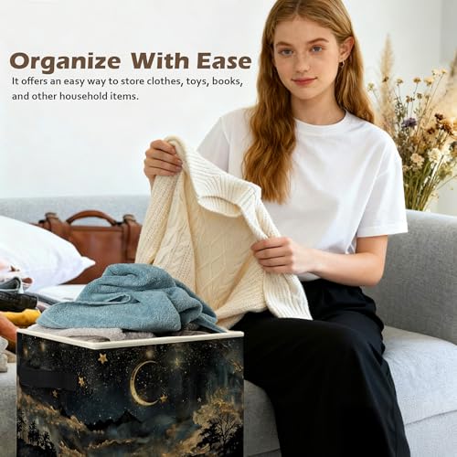 Mystical Crescent Moon Star Celestial Storage Box Bins, Moody Starry Night Sky Collapsible Storage Basket Organizer for Bedroom Laundry Room Home Clothes Toys Books, Toybox for Kids - color: Mystical Moon-02