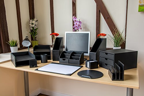 OSCO Black Faux Leather Letter Holder | Mail Sorter | Post Rack | Envelope Organiser | Document Stand | Desk File Storage | Display Slots | H14 x W17.5 D10 cm | - color: Black