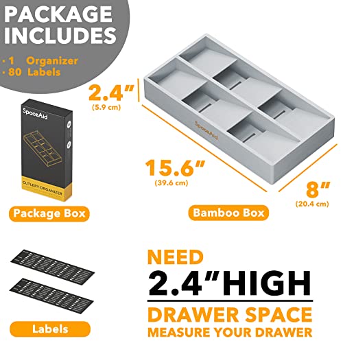 SpaceAid Bamboo Silverware Drawer Organizer with Labels, Kitchen Utensil Tray Holder Organizer for Flatware, Cutlery, Spoon and Knives Drawer Storage Organization (Gray, 6 Slots) - color: Gray