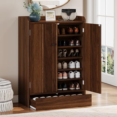 iPormis 6-Tier Shoe Cabinet with Drawer, 47” Tall Large Shoe Storage Cabinet with Doors & Adjustable Shelves, Freestanding Wooden Shoe Rack Organizer Cabinet for Entryway Hallway, Walnut Brown - color: Walnut Brown