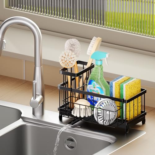 SWTYMIKI Sink Caddy Sponge Holder - Large Sponge Holder for Kitchen Sink with 360°Auto-Drain Tray, Rustproof Stainless Steel Kitchen Organizer Caddy for Countertop Organization - color: Black-basket