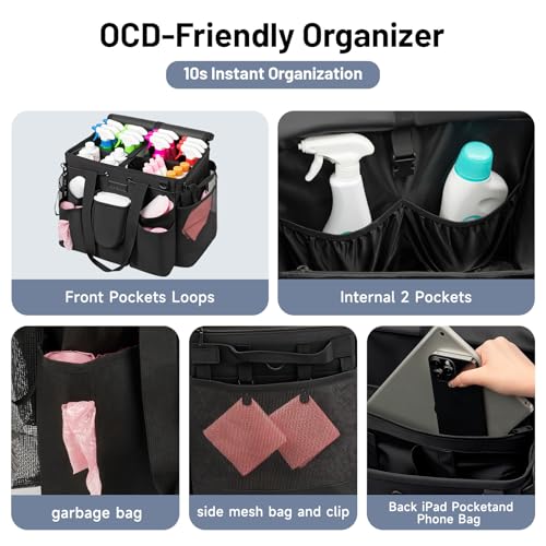 Large Cleaning Caddy for Cleaning Supplies Organizer, Rolling Cleaning Caddy Bags with Wheels for Housekeepers, Cleaning Carts on Wheels for Home Car Office Picnic - color: Black-black