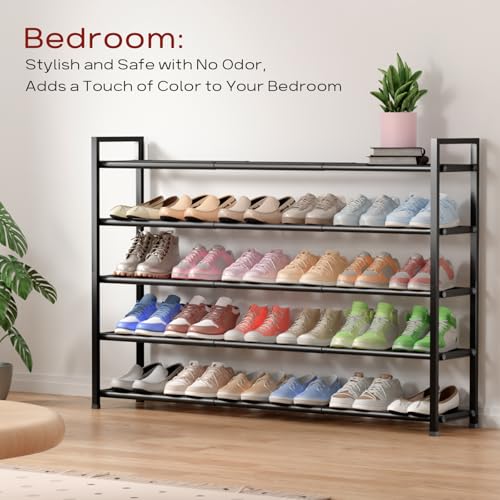 Bumusty 5-Tier Long Expandable Shoe Rack for Closet, 18"-44" Adjustable Shoe Rack for Entryway, 25-30 Pairs Large Shoe Organizer Shelf Storage, Sturdy Metal, Black - color: Black, size: 5-Tier